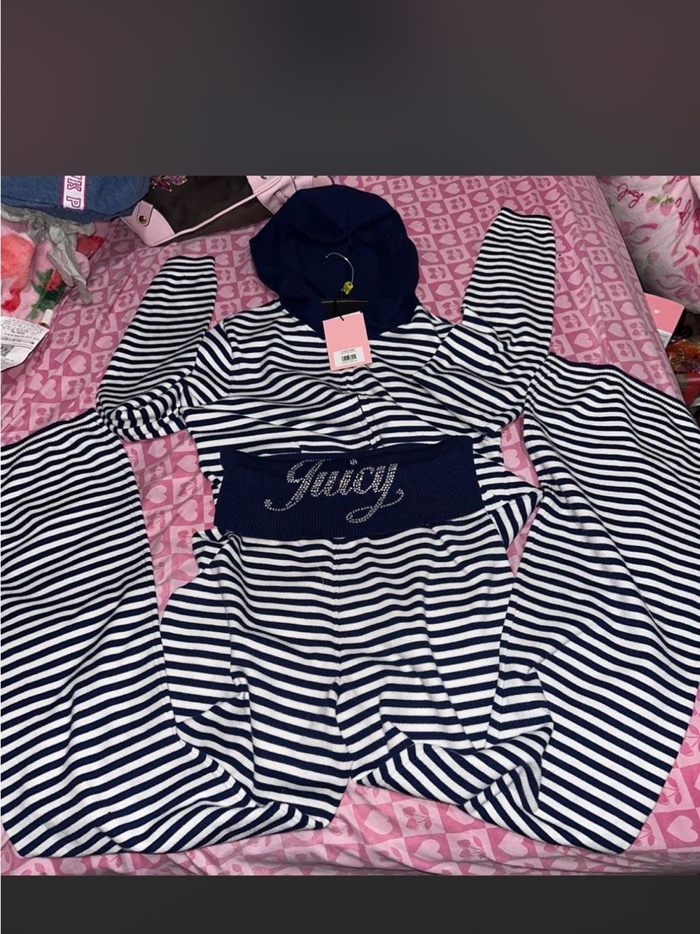 Juicy Couture Navy & White Striped Hooded Pajama Set